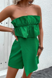 Sexy Sleeveless Strapless Ruffle Trim Zipper Irregular Hem Vacation Tube Rompers