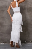 Sexy Diamond Decor Sleeveless Backless Fringed Tiered Hem Formal Party Evening Long Halter Maxi Dresses