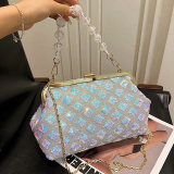 Sequins Elegant Ombre Pu Circular Handbag With Zipper Closure And Hidden Pocket, Long Shoulder Strap Chains Bags