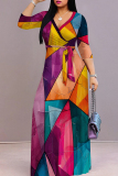 Celebrities Graphics Print Strap Design V Neck Half Sleeve Cinch Waist Belt Formal Party Evening Straight Maxi Dresses