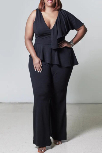 Formal V Neck Single Ruffle Sleeve Ruffle Hem Formal Office Lady Plus Size Straight Leg Jumpsuits