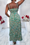 Sexy Colorblock Print Spaghetti Strap Front Slit Drawstring Ruched Asymmetrical Ruffle Hem Vacation A Line Slip Summer Floral Maxi Dresses