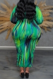Casual Stripe Print O Neck Long Sleeve Formal Party Evening Vacation Plus Size Bodycon Maxi Dresses