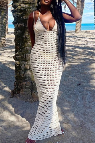 Sleeveless Backless Spaghetti Strap Bikini Sets Hollow Out See-Through Beach Vacation Crochet Dresses Cover Up Swimwear
