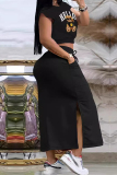 Sportwear Casual Letters Print O Neck Crop Tops And Pocket Lace Up Slit Maxi Skirt Two Pieces Skirt Sets
