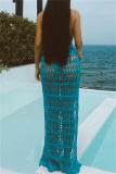Sexy Backless Sleeveless Hollow Out See-Through Halter Crossover Knitted Crop Tops And Side Slit Maxi Skirt Vacation Beach Two Pieces Swimsuit Set