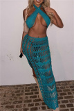 Sexy Backless Sleeveless Hollow Out See-Through Halter Crossover Knitted Crop Tops And Side Slit Maxi Skirt Vacation Beach Two Pieces Swimsuit Set
