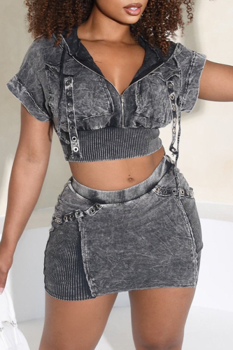 Casual Short Sleeve Zipper Hooded Crop Tops And Mini Skirt Two Pieces Skirt Sets