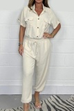 Casual Turndown Collar Short Sleeve Pocket Regular Line Shirt Jumpsuits