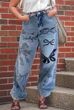 Casual Graphics Print High Waist Regular Straight Leg Distressed Denim Jeans