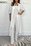 Casual Long Sleeve Belted Longline Cardigan And Sleeveless Halter Wide Leg Jumpsuits Vacation Two Pieces Matching Sets