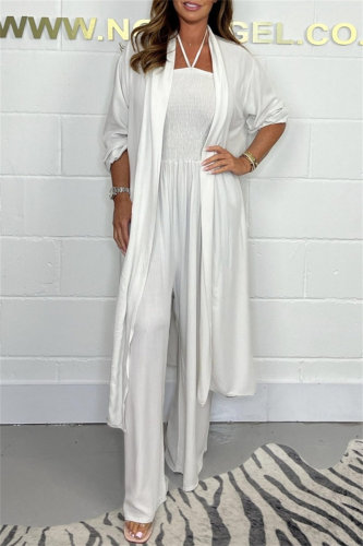 Casual Long Sleeve Belted Longline Cardigan And Sleeveless Halter Wide Leg Jumpsuits Vacation Two Pieces Matching Sets