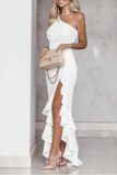 One Shoulder Sleeveless Ruffle Trim Front Knotted Flounce Front Slit Floor Length Formal Party Evening Maxi Dress