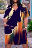 Casual Graphics Print Pocket V Neck Short Sleeve Pockets Plus Size T-shirt Midi Dresses