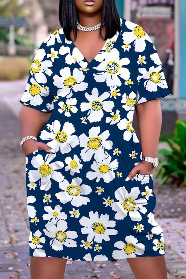 Casual Floral Print Pocket V Neck Short Sleeve Pockets Plus Size T-shirt Midi Dresses