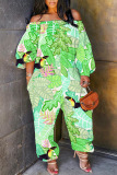 Casual Tropical Print Off Shoulder Long Sleeve Pockets Vacation Harem Jumpsuits