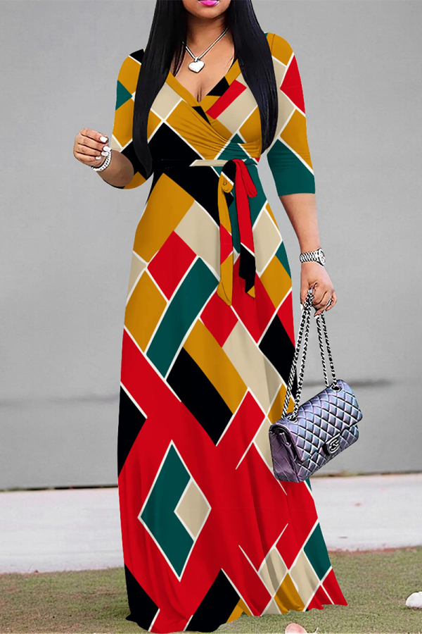 Casual Geometric Print With Belt V Neck Three Quarter Ankle Length A Line Vacation Loose Straight Maxi Dress