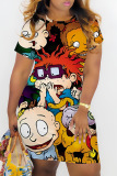 Casual Cartoon Print Basic O Neck Short Sleeve Bodycon Mini T-shirt Dress