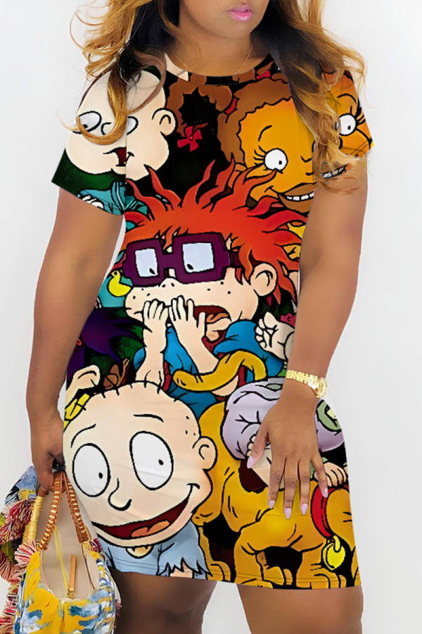 Casual Cartoon Print Basic O Neck Short Sleeve Bodycon Mini T-shirt Dress