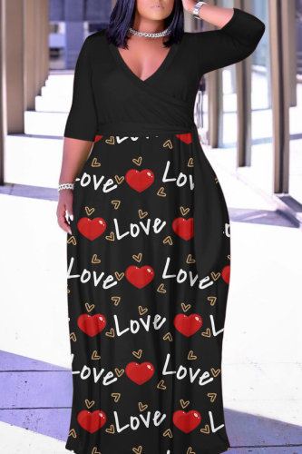 Casual Graphics Print V Neck Half Sleeve Belted Long Baggy Vacation Maxi T-shirt Dresses
