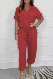 Casual Turndown Collar Short Sleeve Pocket Regular Line Shirt Jumpsuits