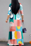 Casual Geometric Print With Belt V Neck Three Quarter Ankle Length A Line Vacation Loose Straight Maxi Dress