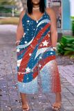 Casual Flag Star Print Spaghetti Strap Sleeveless Vacation Plus Size Wide Leg Cami Jumpsuits