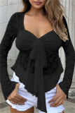 Sexy V Neck Long Sleeve Front Tie See-Through Belted Vacation Irregular Hem Lace Tops
