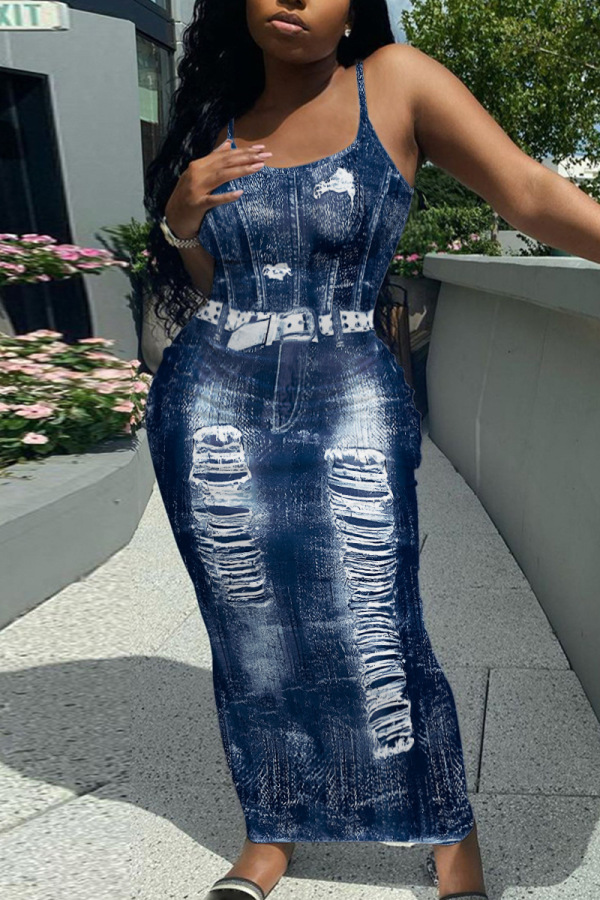 Sexy Casual Graphics Print Backless Spaghetti Strap Sleeveless Long Vacation Bodycon Maxi Slip Dresses