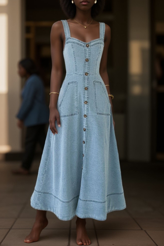 Sleeveless Boat Neck Zipper Pocket Buttons Vacation A Line Wide Strap Pleated Denim Maxi Dress
