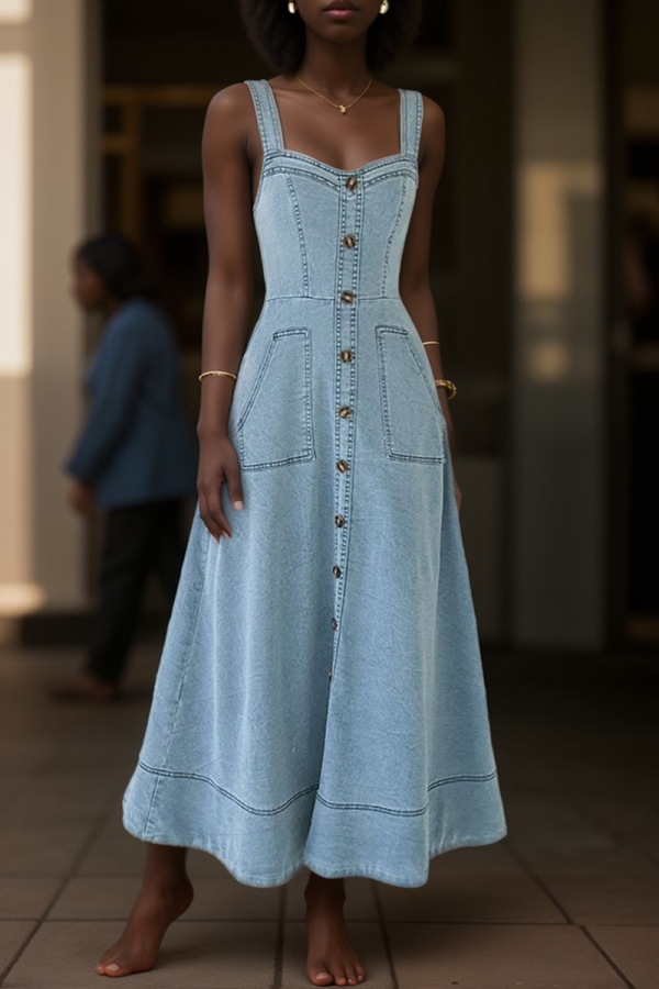 Sleeveless Boat Neck Zipper Pocket Buttons Vacation A Line Wide Strap Pleated Denim Maxi Dress