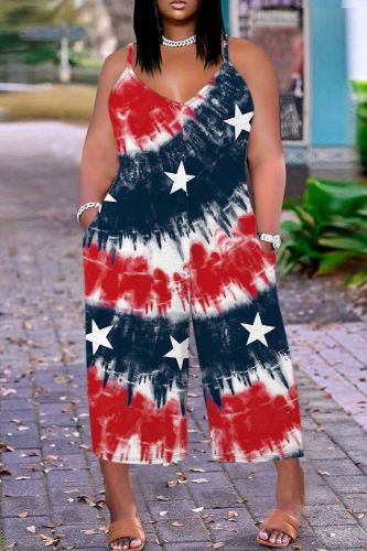 Casual Flag Star Print Spaghetti Strap Sleeveless Vacation Plus Size Wide Leg Cami Jumpsuits