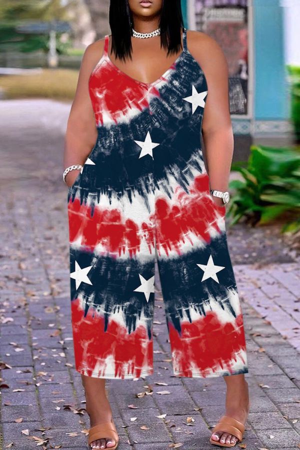 Casual Flag Star Print Spaghetti Strap Sleeveless Vacation Plus Size Wide Leg Cami Jumpsuits