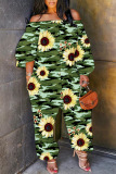 Casual Tropical Print Off Shoulder Long Sleeve Pockets Vacation Harem Jumpsuits
