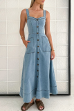 Sleeveless Boat Neck Zipper Pocket Buttons Vacation A Line Wide Strap Pleated Denim Maxi Dress