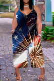 Casual Flag Star Print Spaghetti Strap Sleeveless Vacation Plus Size Wide Leg Cami Jumpsuits