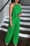 Backless Sleeveless Belted Ruffle Trim Halter Tops And Wide Leg Vacation Two Pieces Matching Pants Sets
