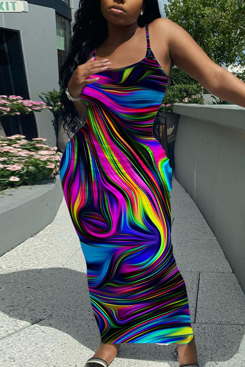 Elegant Contrast Wavy Print Sleeveless Spaghetti Strap Maxi Slip Knit Sweater Dress