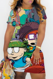 Casual Cartoon Print Basic O Neck Short Sleeve Bodycon Mini T-shirt Dress