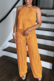 Backless Sleeveless Belted Ruffle Trim Halter Tops And Wide Leg Vacation Two Pieces Matching Pants Sets