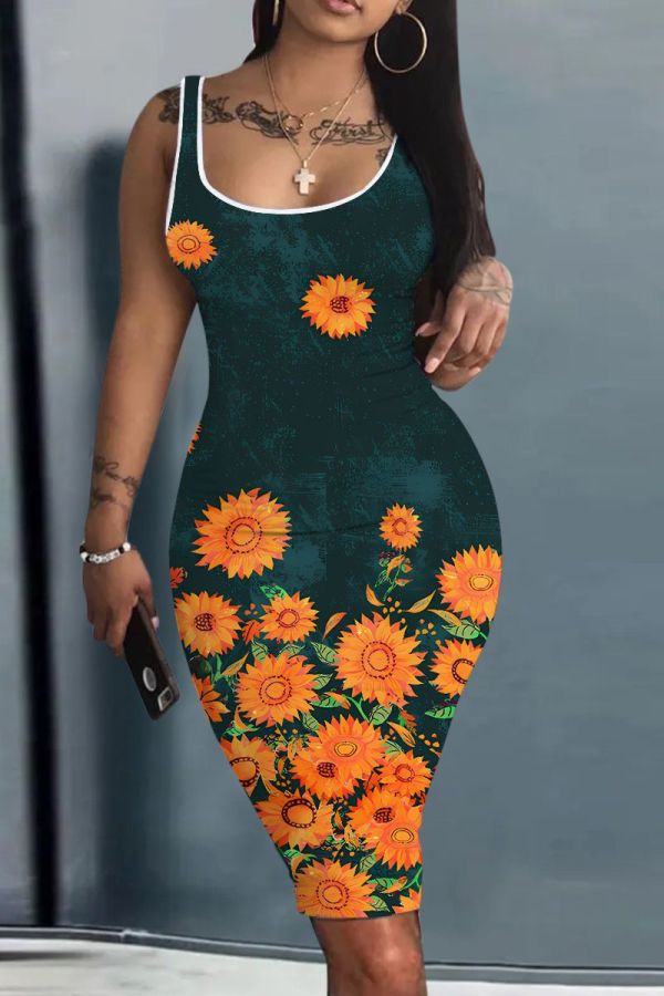 Casual Graphics Print Sleeveless U Neck Vest Bodycon Midi Tank Dresses