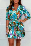 Casual Graphics Print V Neck Half Sleeve With Belt Vacation A Line Pleated Mini Shirt Dresses