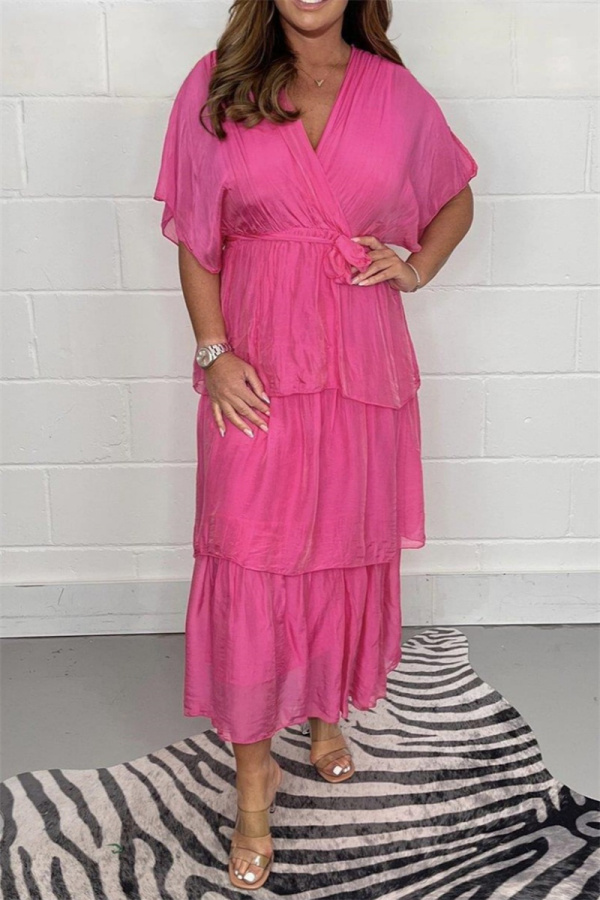 Casual Half Sleeve V Neck Belted Ruffle Layered Hem With Belt Long Vacation Maxi Dresses