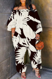 Casual Tropical Print Off Shoulder Long Sleeve Pockets Vacation Harem Jumpsuits