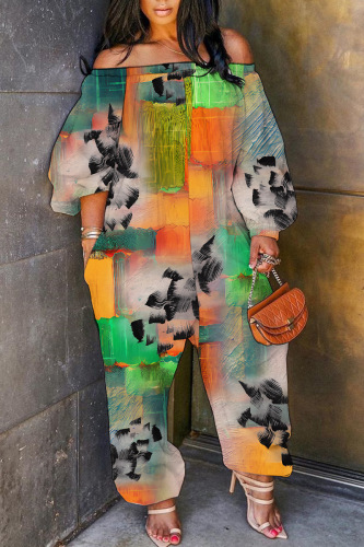 Casual Tropical Print Off Shoulder Long Sleeve Pockets Vacation Harem Jumpsuits