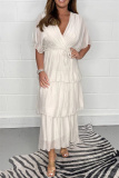 Casual Half Sleeve V Neck Belted Ruffle Layered Hem With Belt Long Vacation Maxi Dresses