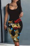 Casual Graphics Print Sleeveless U Neck Vest Bodycon Midi Tank Dresses