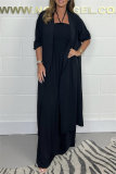 Casual Long Sleeve Belted Longline Cardigan And Sleeveless Halter Wide Leg Jumpsuits Vacation Two Pieces Matching Sets