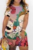 Casual Cartoon Print Basic O Neck Short Sleeve Bodycon Mini T-shirt Dress