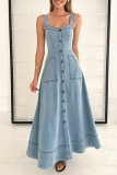 Sleeveless Boat Neck Zipper Pocket Buttons Vacation A Line Wide Strap Pleated Denim Maxi Dress